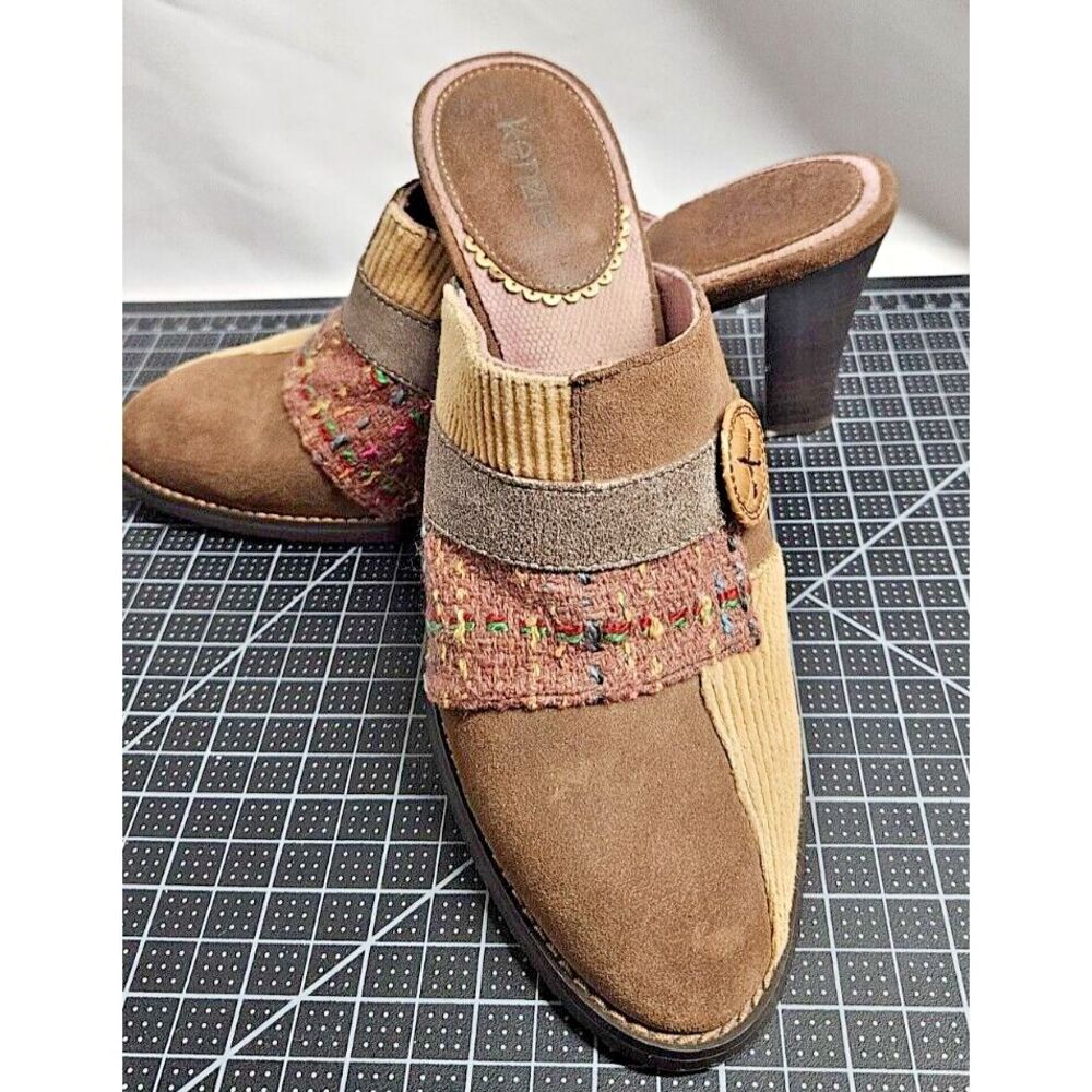 Kenzie Touch patchwork leather suede corduroy fabric mule slip on‎ heel Sz 9M